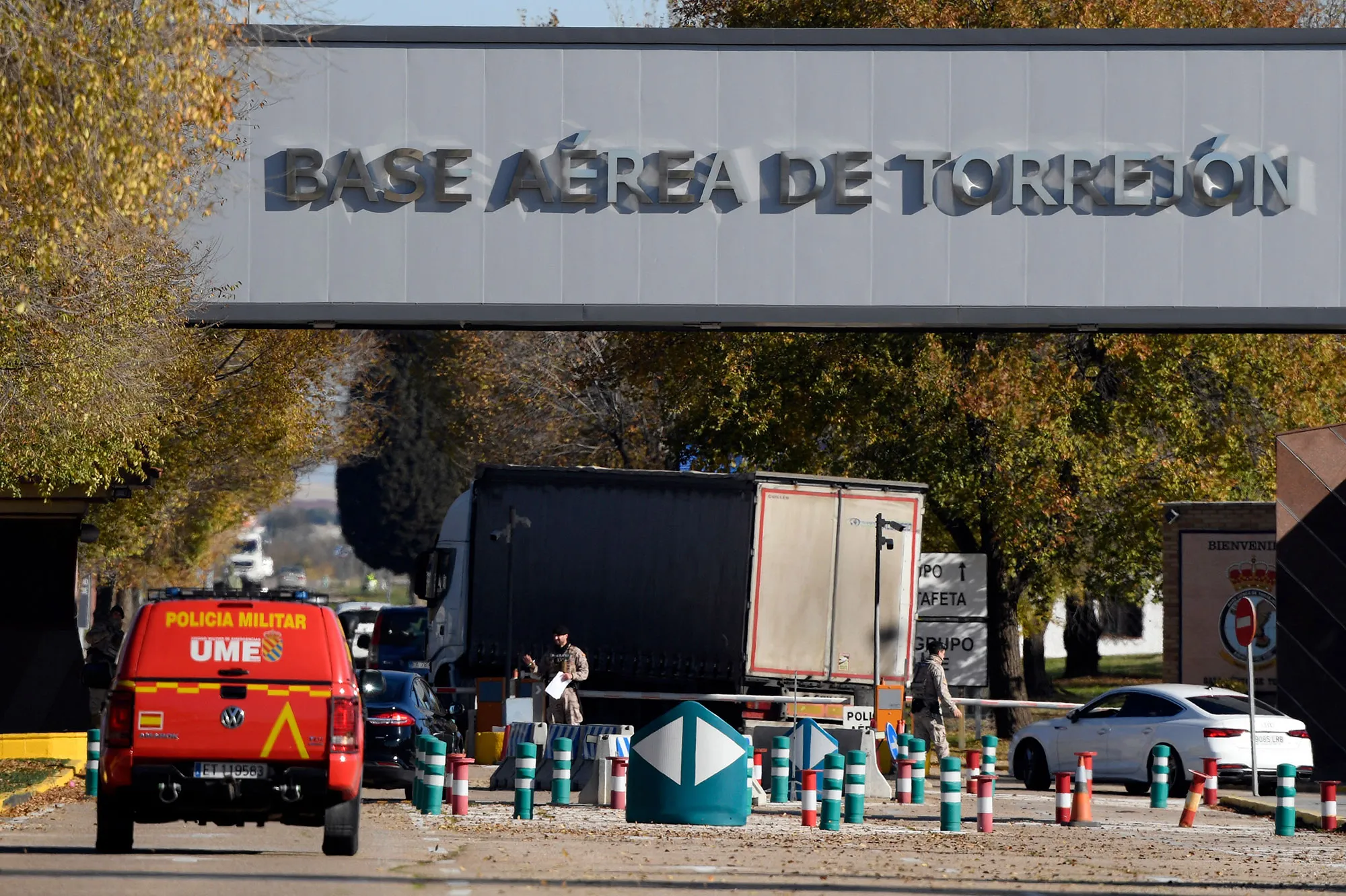 Military police stand guard at the entrance of the Spanish air force base, in Torrejon de Ardoz near Madrid, on Dec.&nbsp;1.