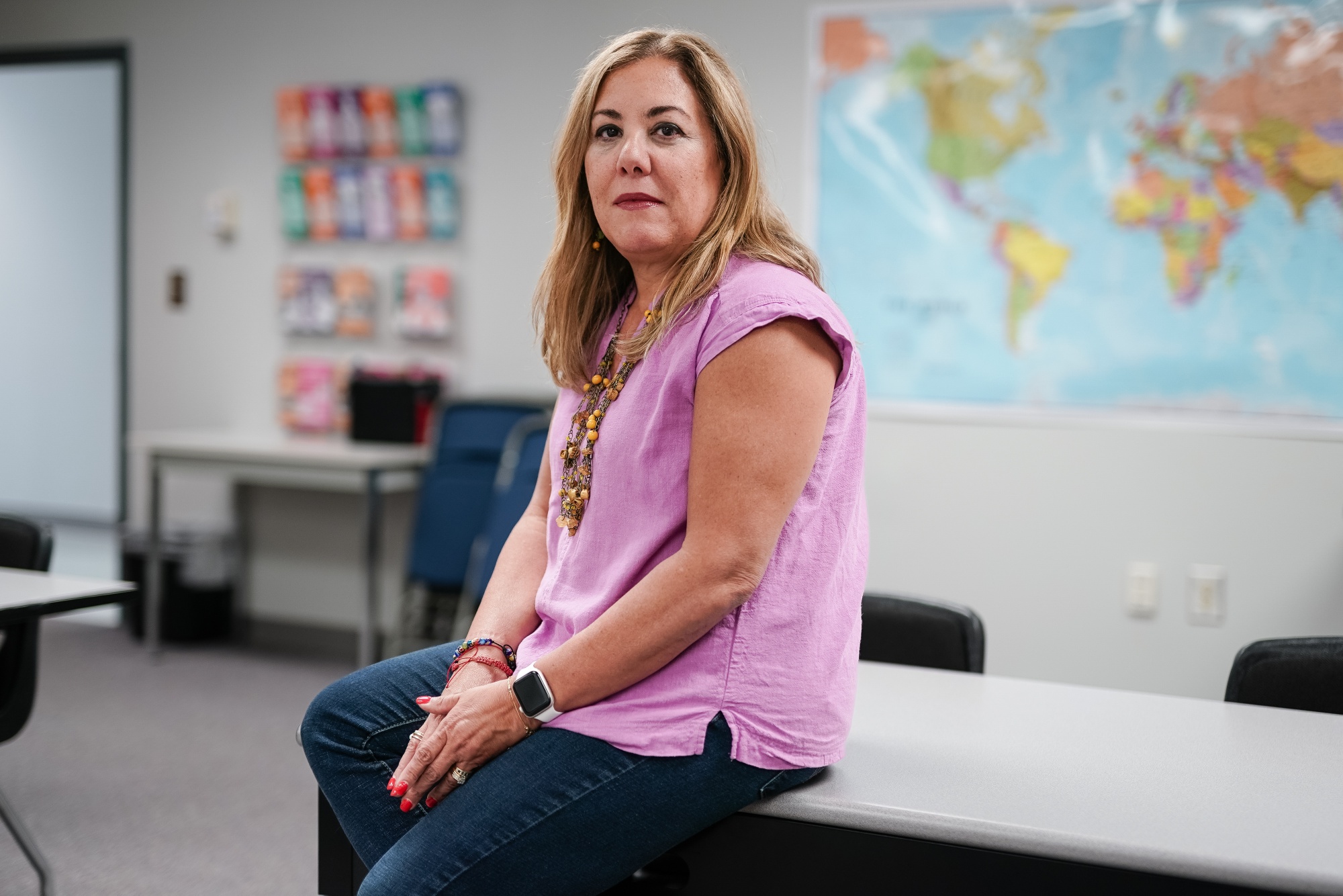 Lynnette Aponte poses for a portrait in a classroom at the Gwinnett County Schools' International Newcomers Center, in Lawrenceville, Georgia, US, on Monday, June 10, 2024.