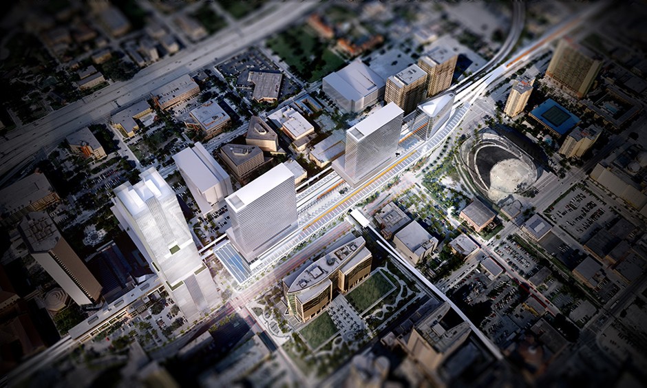 A rendering of All Aboard Florida's rail station in downtown Miami.