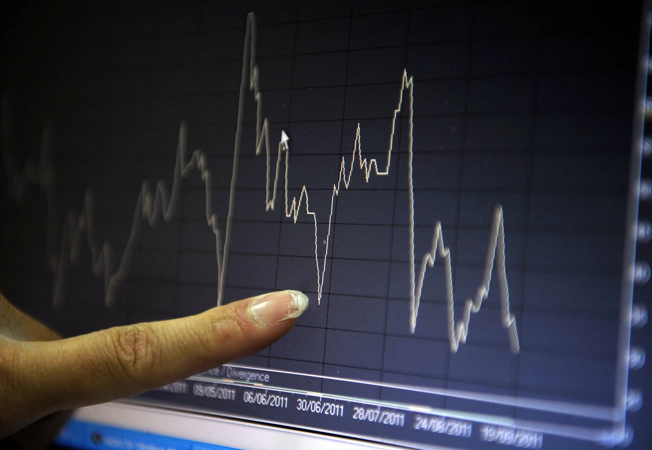 A trader points to a graph on his computer screen.
