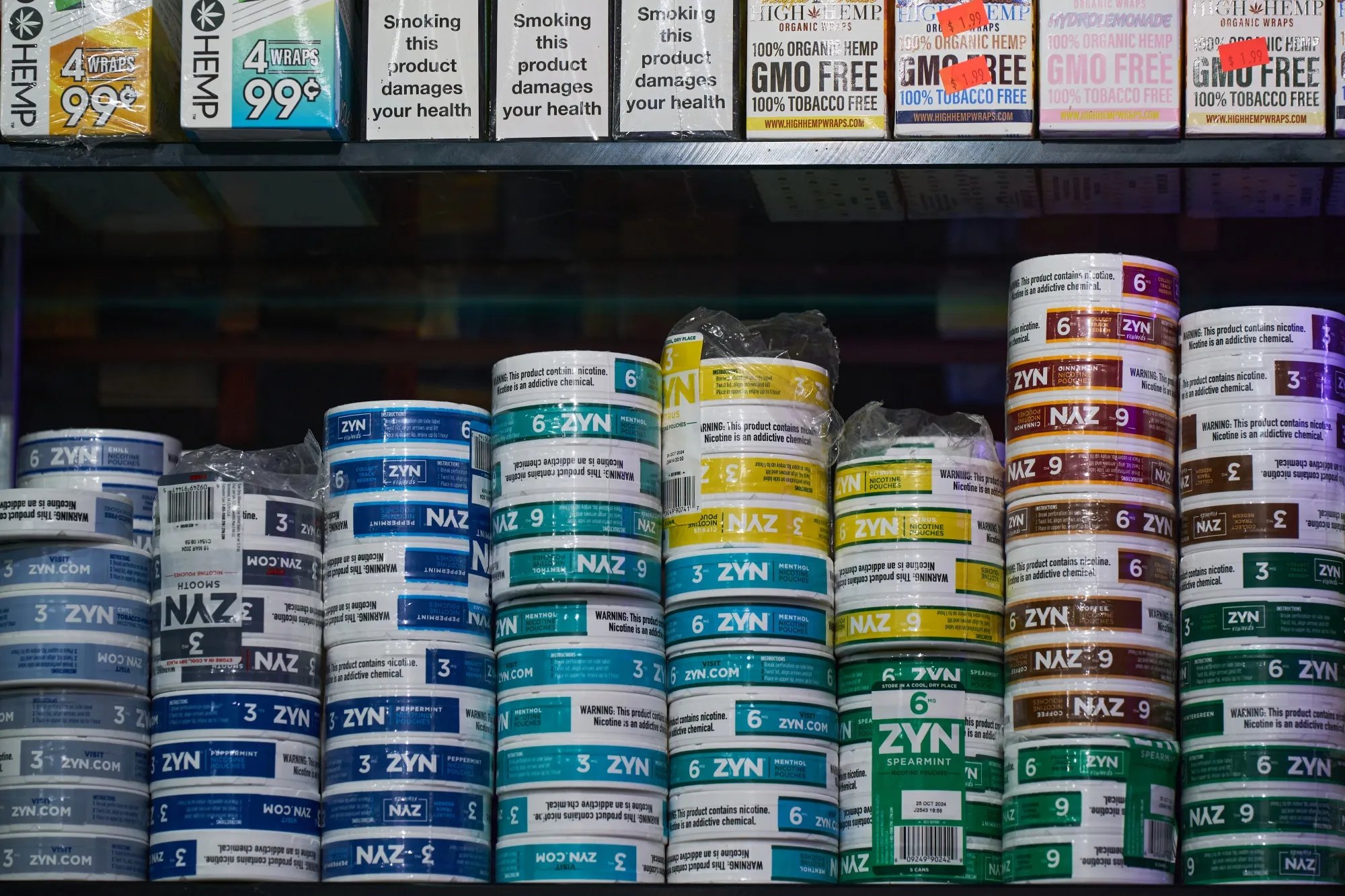 Zyn smokeless nicotine pouch at a convenience store in New York.