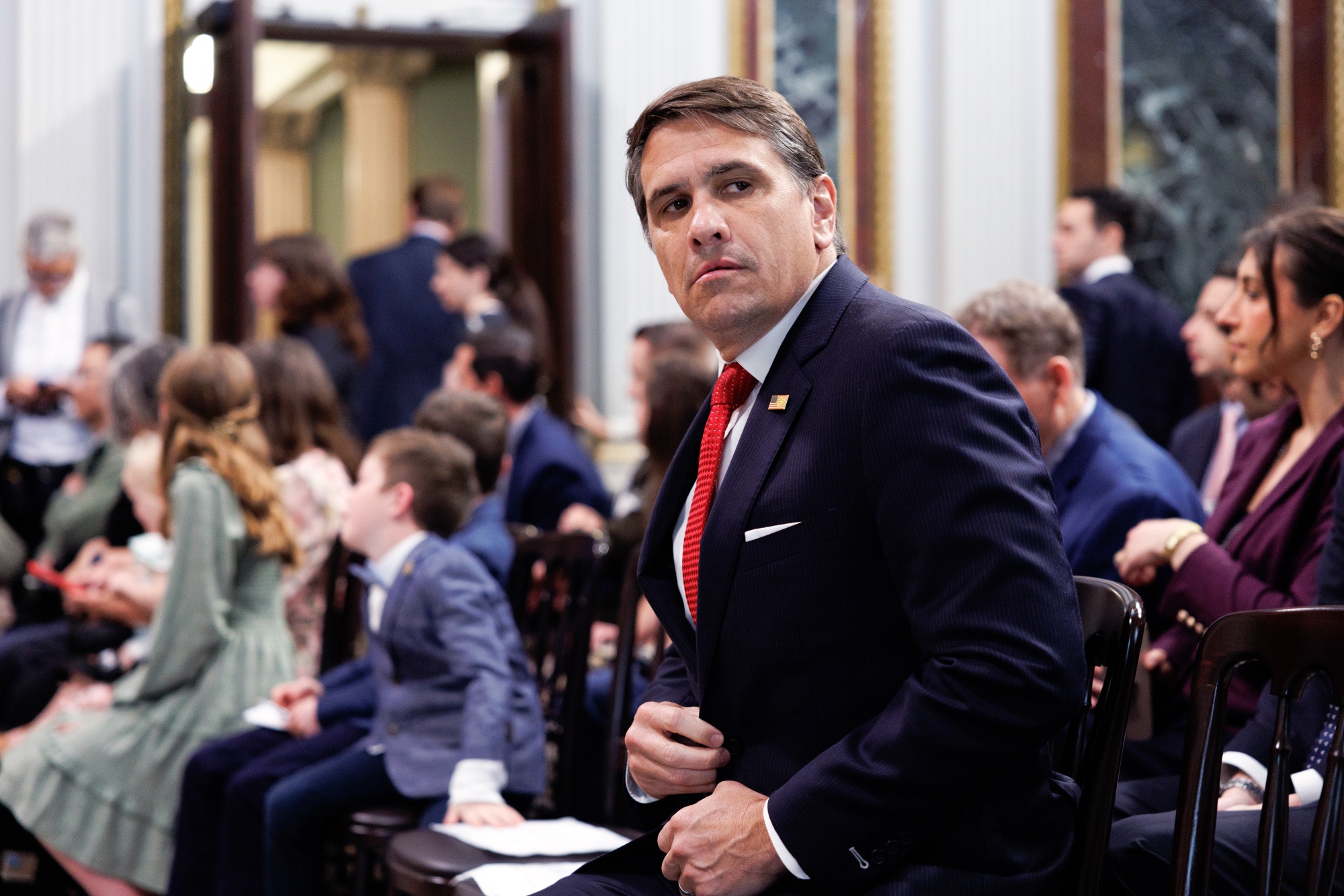 Todd Blanche, US deputy attorney general, during a swearing-in ceremony for Colin McDonald, assistant attorney general for fraud enforcement, not pictured, in the Eisenhower Executive Office Building of the White House in Washington, DC, US, on Wednesday, April 1, 2026. McDonald, a former federal prosecutor in San Diego, will become the first assistant attorney general overseeing the Trump-established National Fraud Enforcement Division after the Senate's 52-47 vote. Photographer: Will Oliver/EPA/Bloomberg