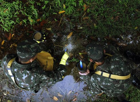 Brazilian soldiers pour insecticide to fight against the Aedes aegypti mosquito (dengue fever vector) at a military facility in Realengo, northern Rio de Janeiro.