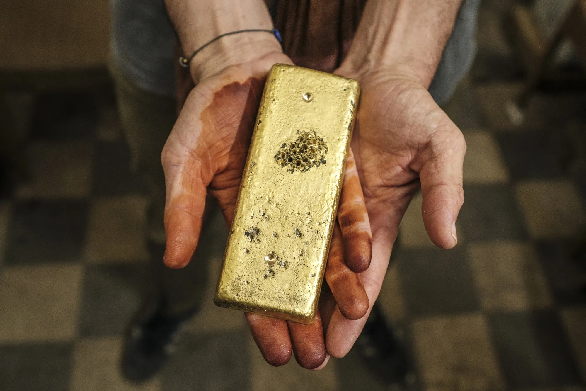 A gold bar at a gold laboratory in Port Sudan.