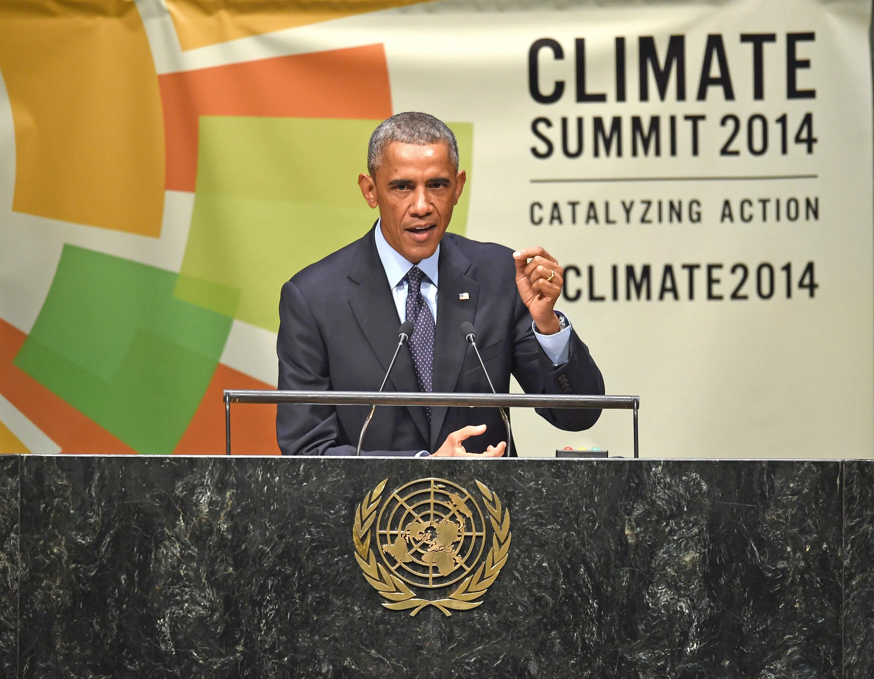 U.S. President Barack Obama during the Opening Session of the Climate Summit 2014 at the United Nations in New York Sept. 23, 2014. The Summit precedes the 69th Session of the UN General Assembly. Photographer: Timothy A. Clary/AFP via Getty Images