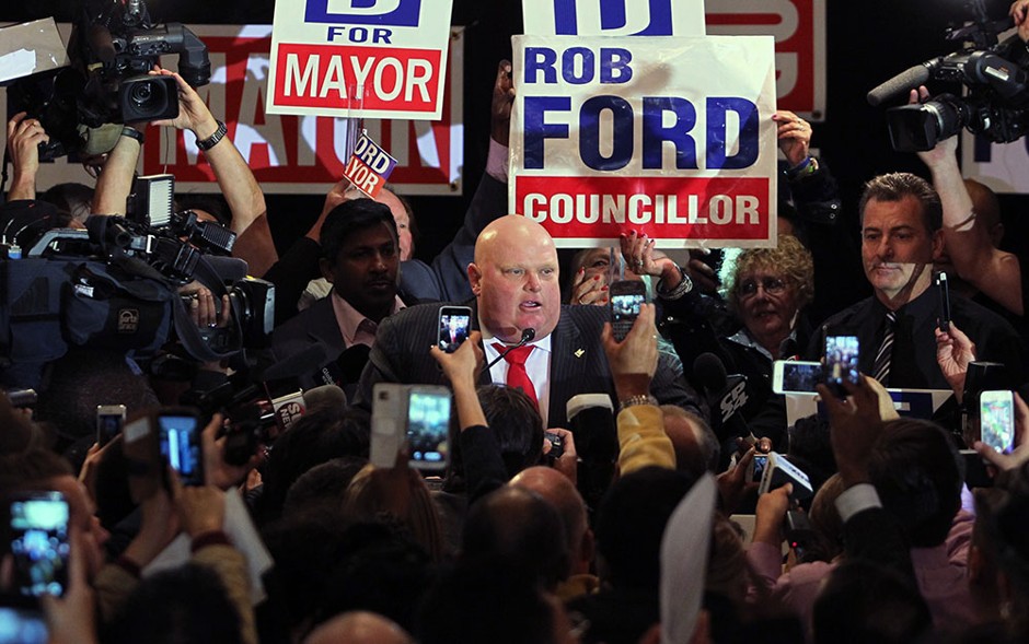 Rob Ford speaks to supporters after being elected as a councillor in the municipal election in Toronto, October 27, 2014.