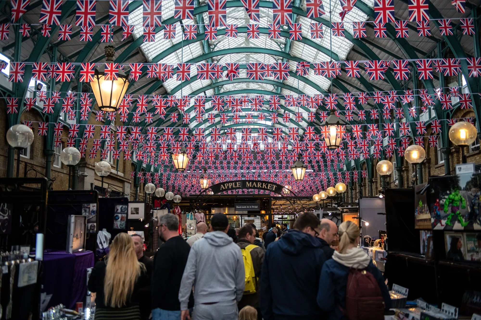 British Union flag bunting decorates a retail space in Covent Garden