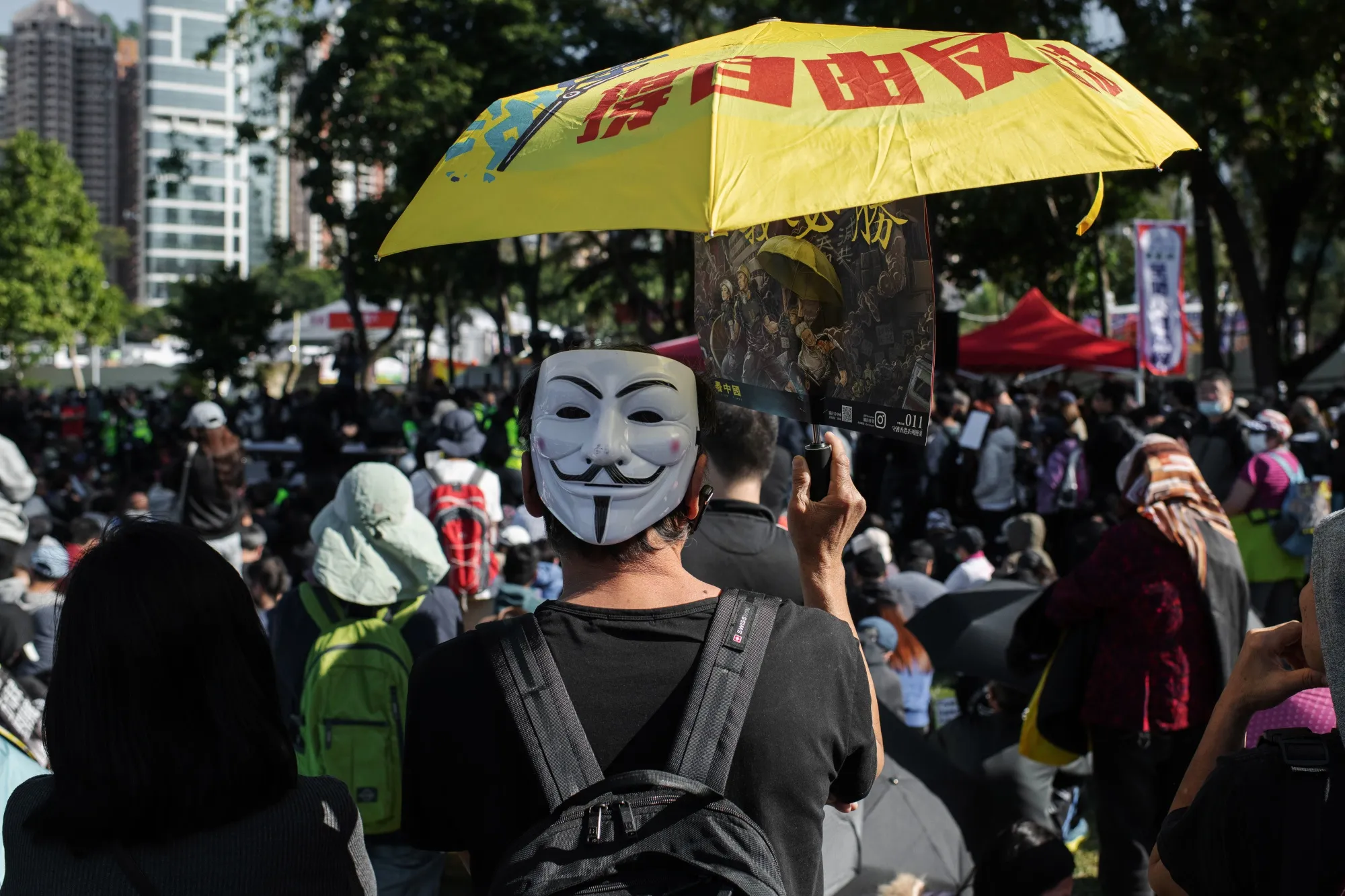 A demonstrator wears an anonymous mask in&nbsp;Hong Kong on Dec. 8.