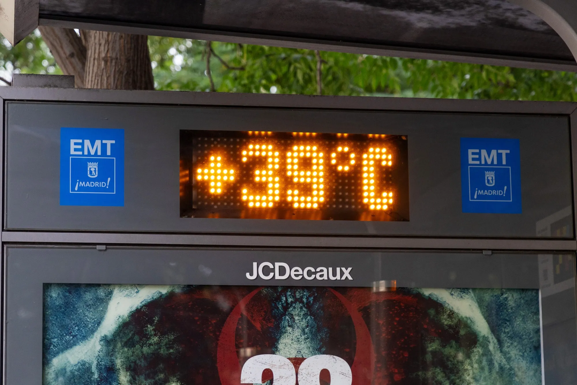 A public temperature display reading +39 degrees centigrade during high temperatures in Madrid, Spain, on June 20.