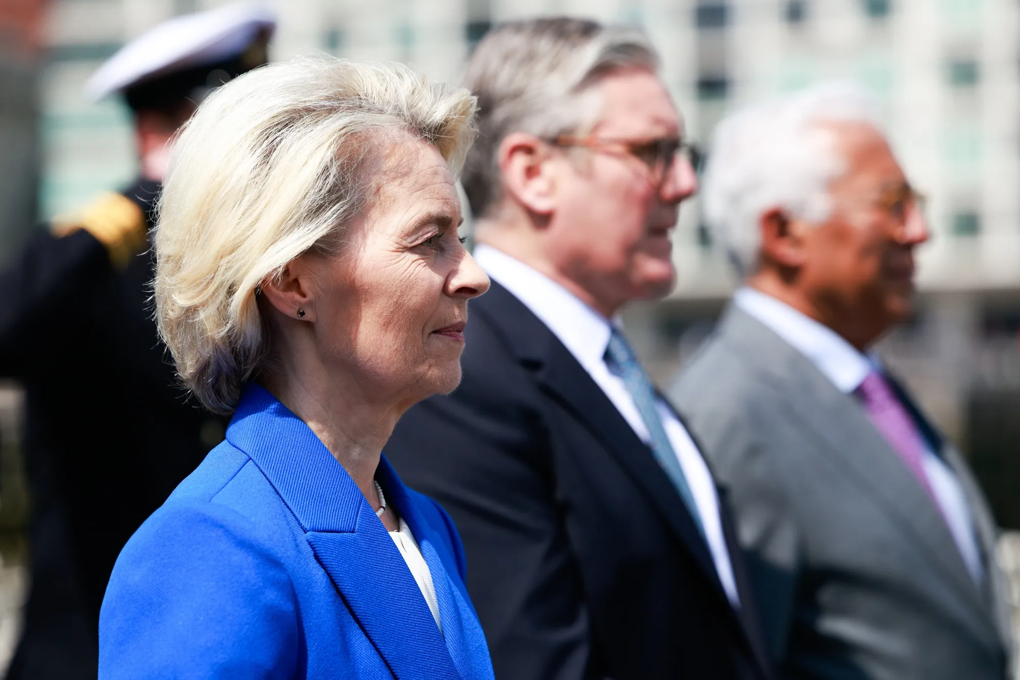 Ursula von der Leyen, Keir Starmer and Antonio Costa, president of the European Council, left to right, during a visit aboard HMS Sutherland frigate as part of the UK-EU summit in May 2025.