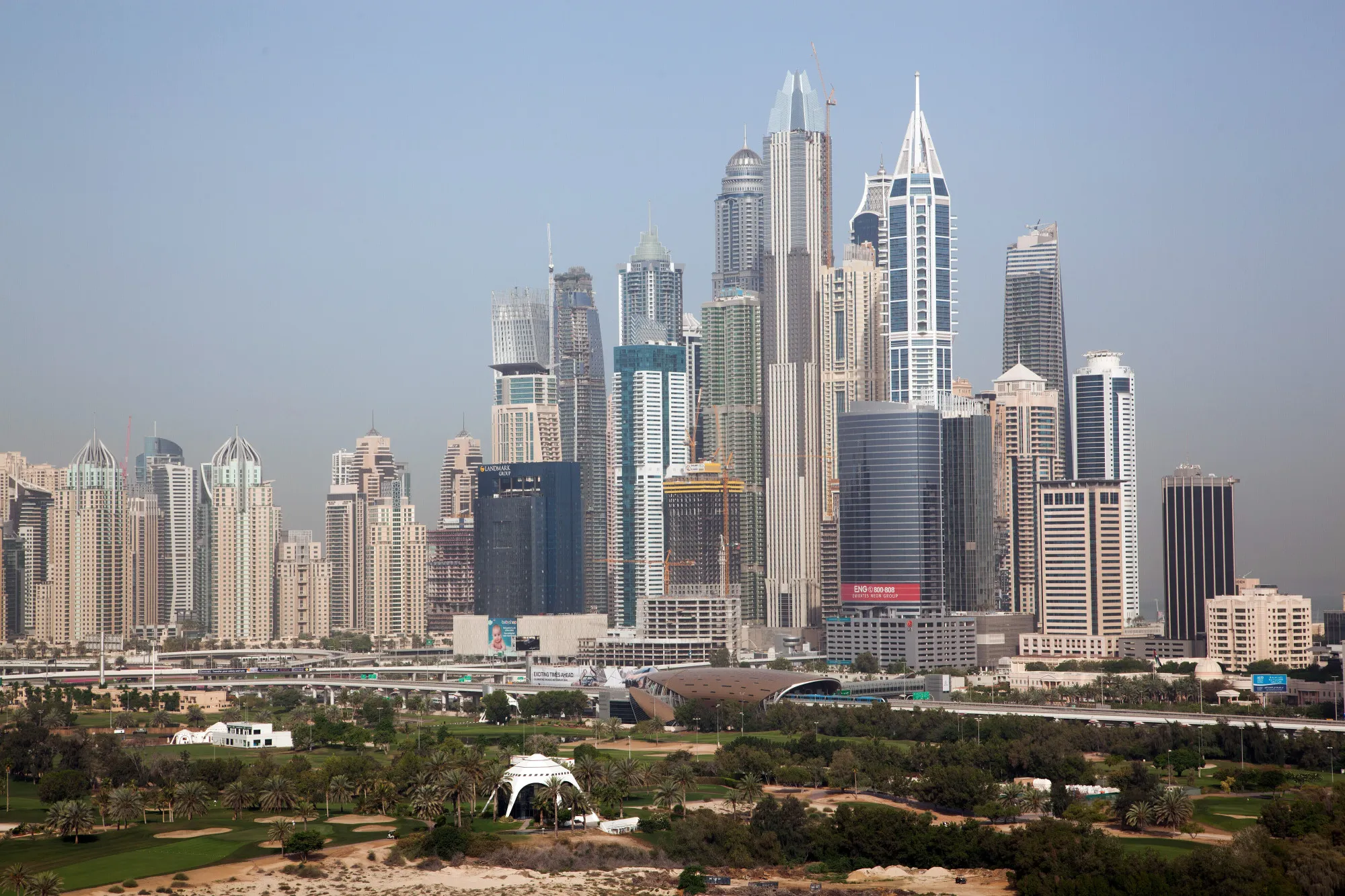Skyscrapers stand around the Dubai Marina district.