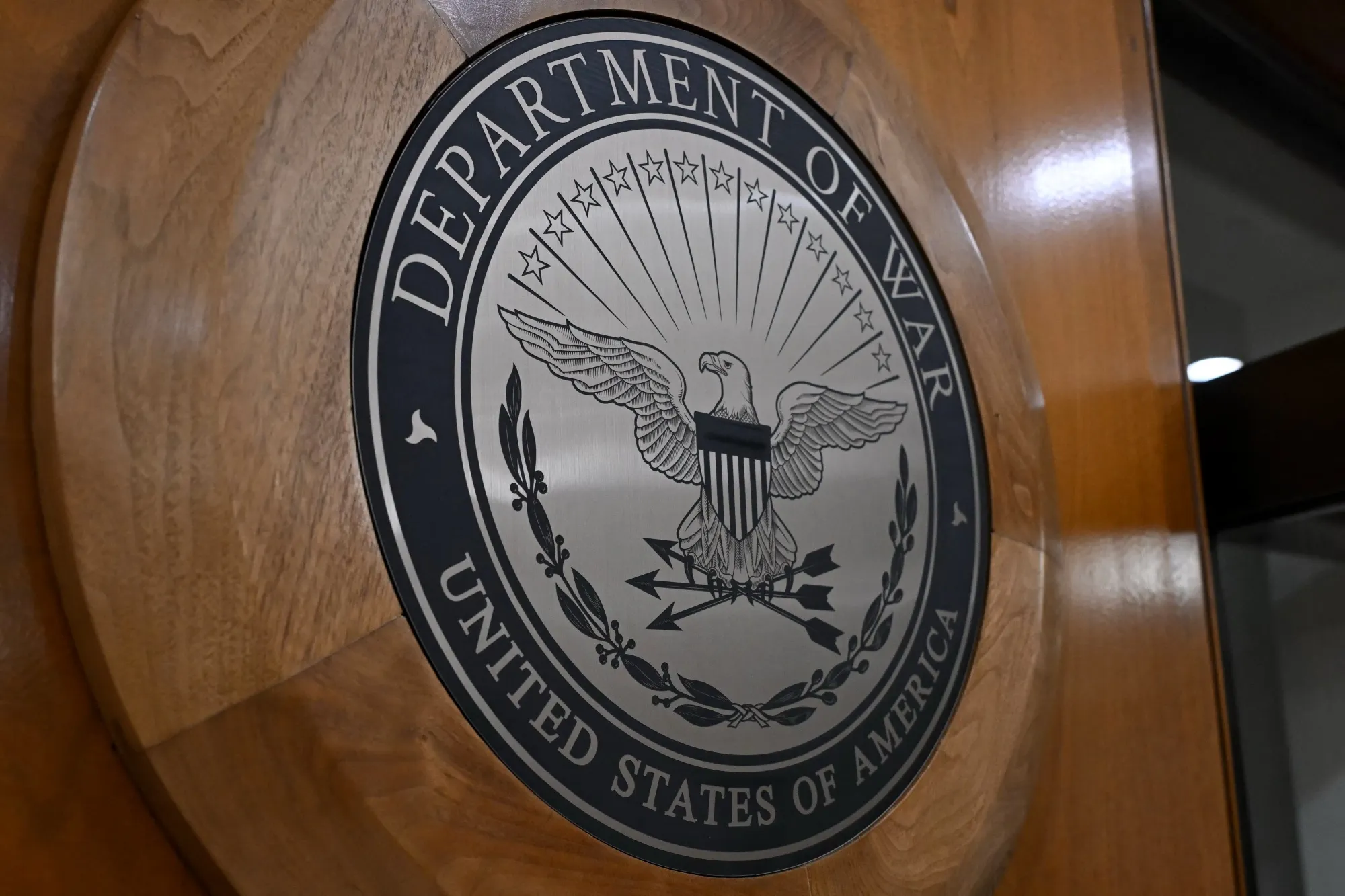 A Department of War logo&nbsp;inside the Pentagon in Arlington, Virginia.