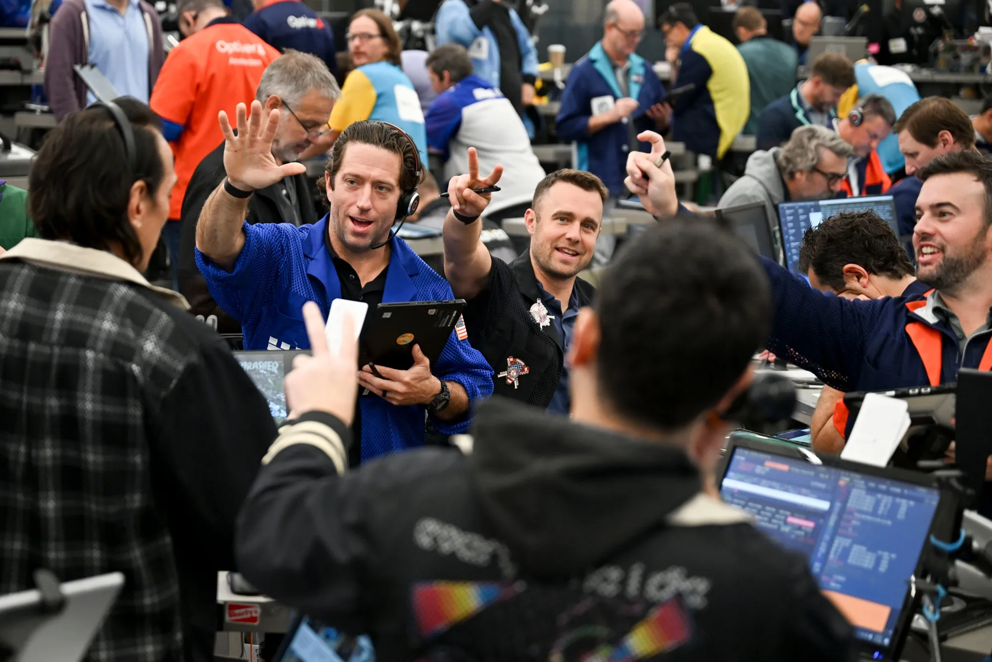 Traders work in the S&amp;P options pit at the Cboe Global Markets exchange in Chicago on Nov. 7.