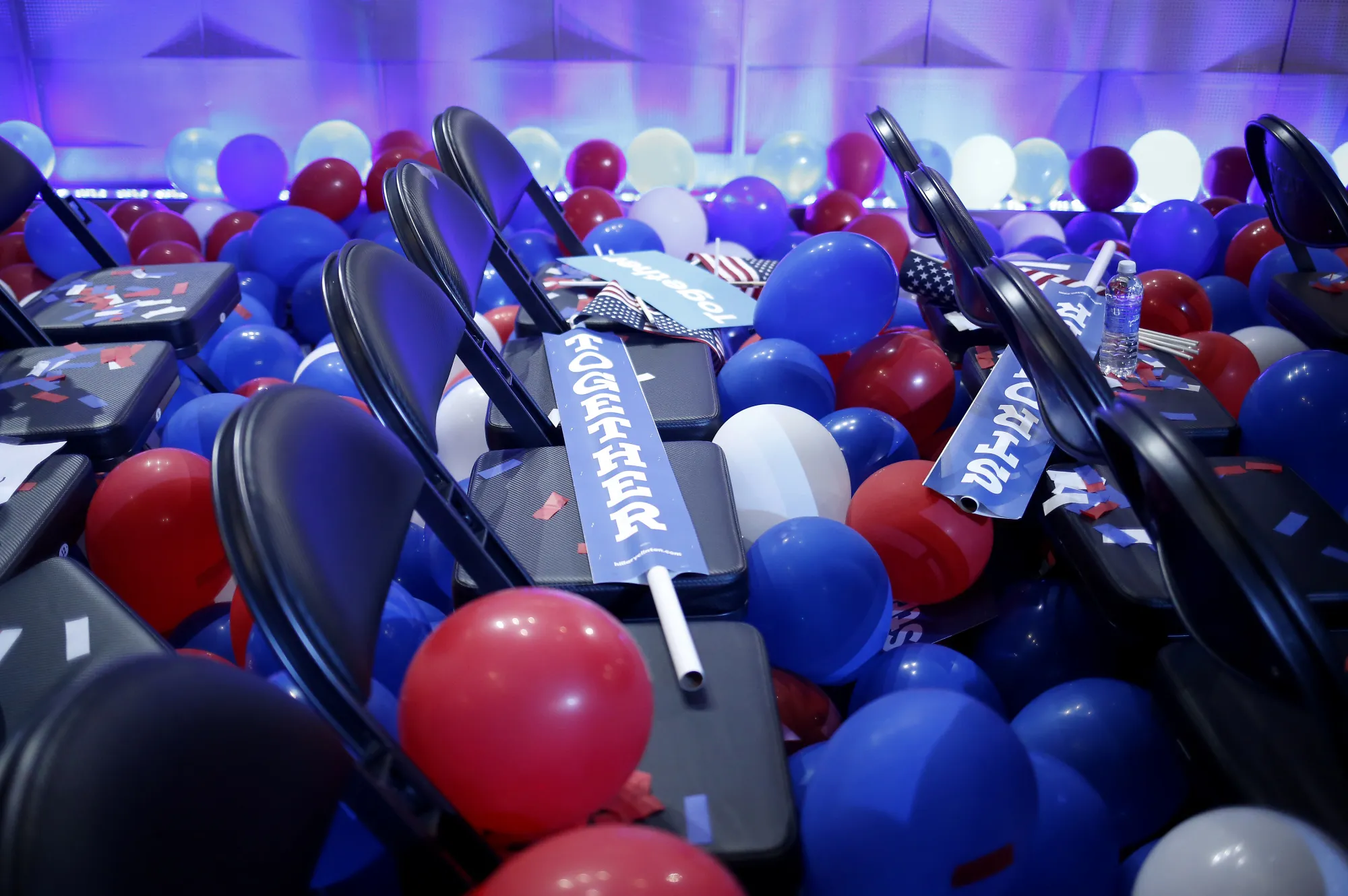 Signs sit on chairs during the Democratic National Convention in Philadelphia in 2016.
