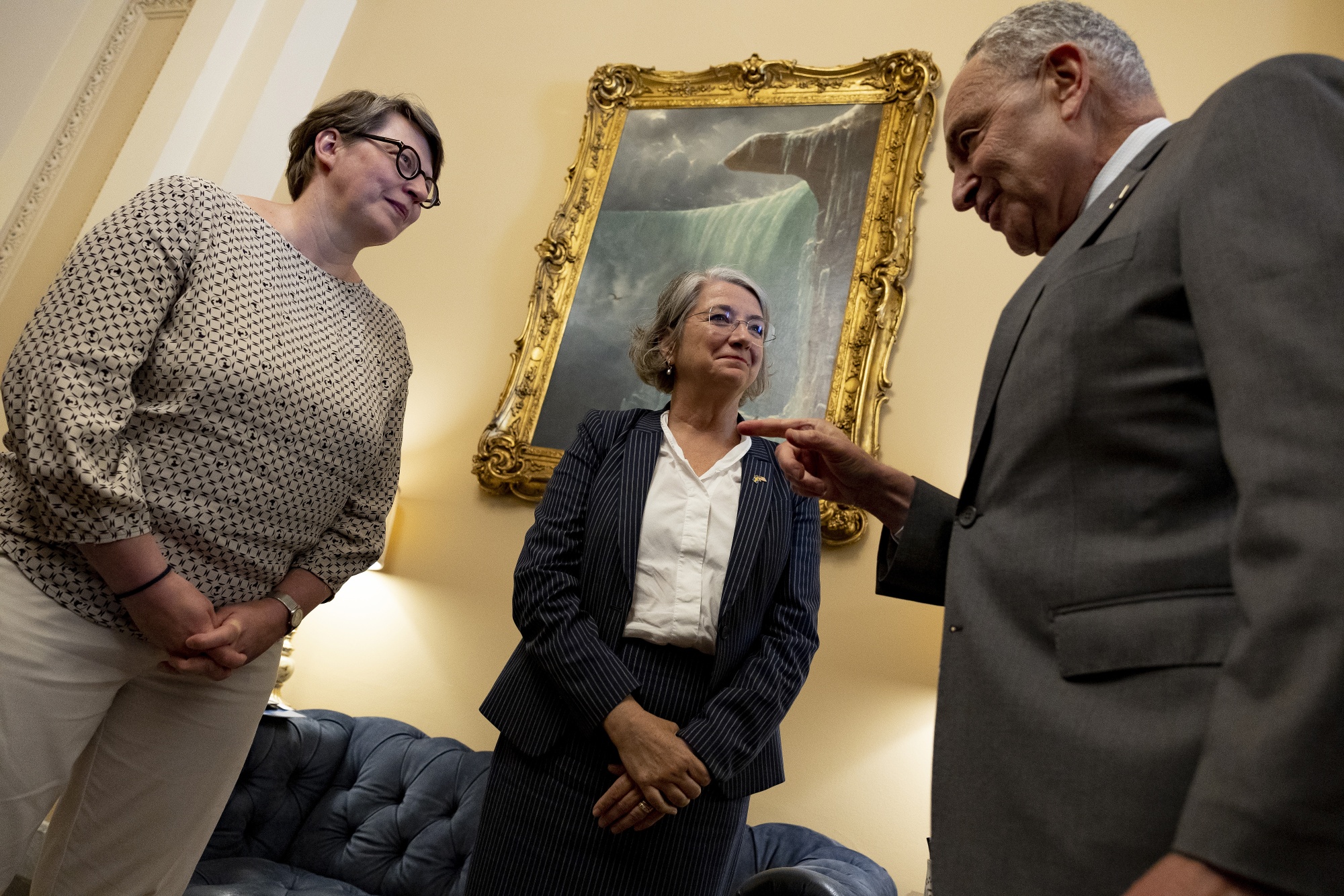 Chuck Schumer, right, meets with Karin Olofsdotter, Sweden’s ambassador to the US, center,&nbsp;&nbsp;and Päivi Nevala, minister counselor of the Finnish Embassy,&nbsp;in Washington D.C. on Aug. 3.