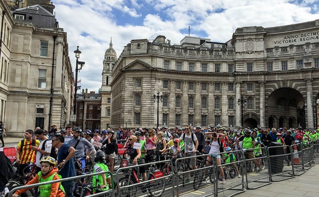 Riders pass through Trafalgar Square during a London bike rally.