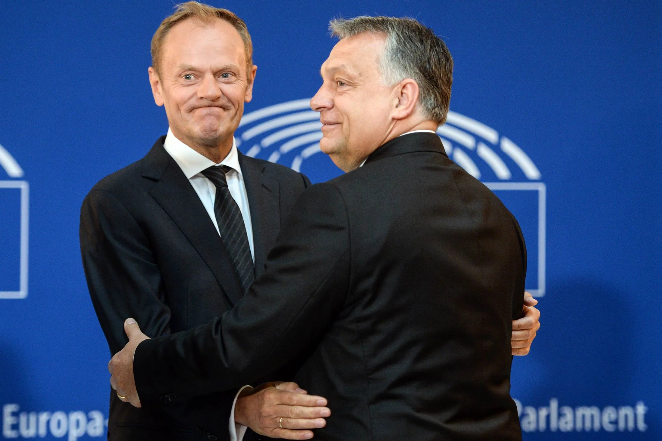 Donald Tusk (left), then-president of the European Council, welcomes Hungarian Prime Minister Viktor Orban at the European Parliament in Strasbourg, France, in 2017.
