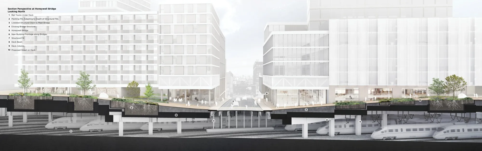 A rendering of the Sunnyside Yard shows how the development would sit on a deck over the existing rail yard.&nbsp;