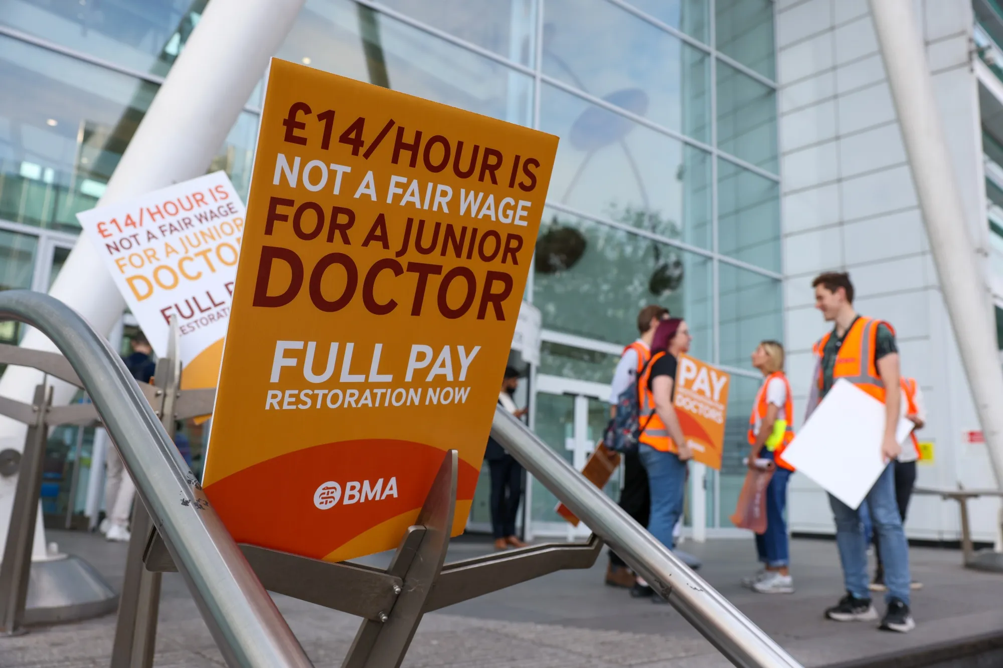 Junior doctors on a picket line outside at University College Hosptial in London on July 13.