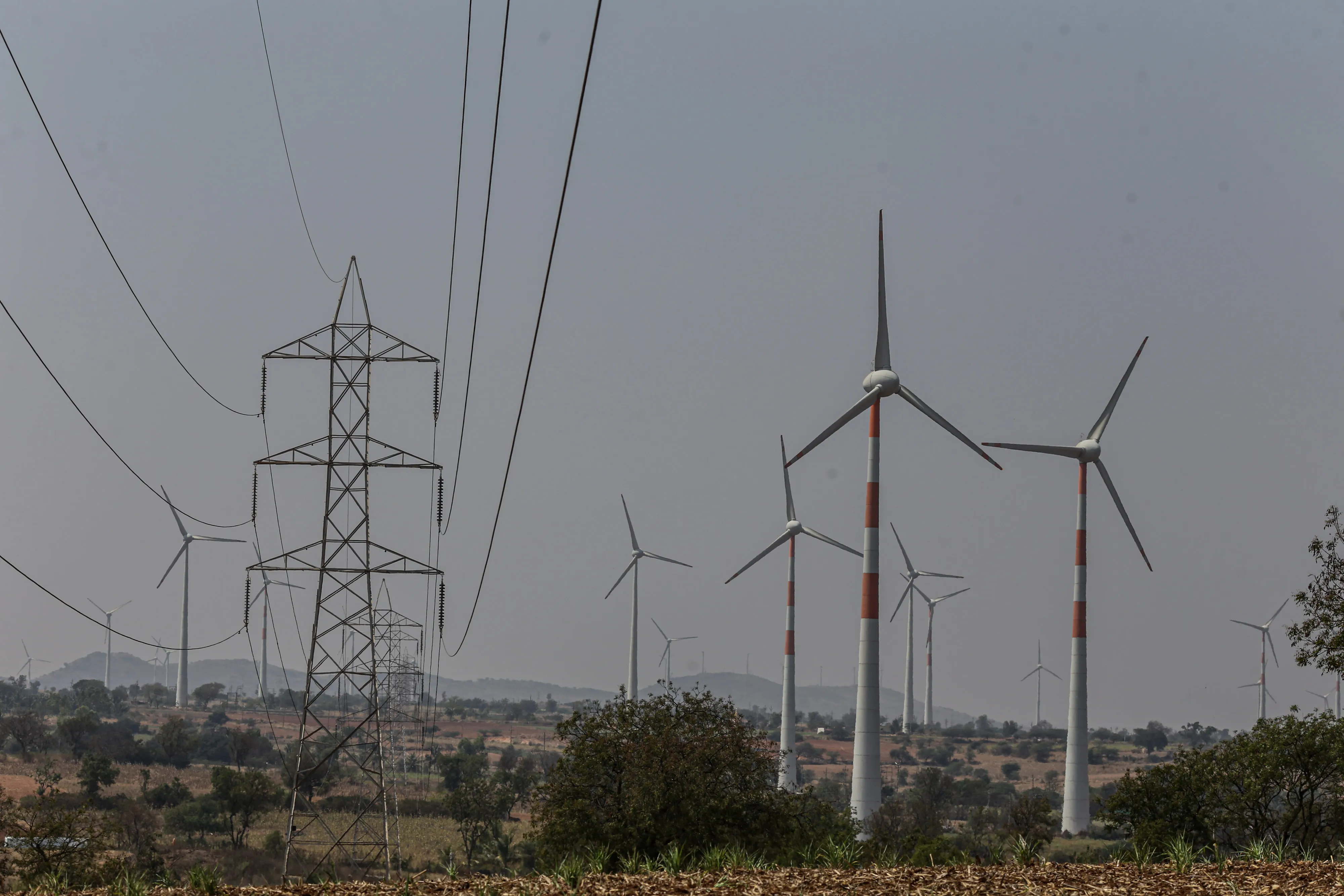 Turbines at a wind farm in Hubli, Karnataka, India.