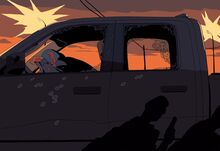 Illustration depicting the side of a pickup truck with bullet holes and partial silhouettes of two men, one with a gun. The driver of the truck appears shot and bloody and is slumped over the steering wheel.