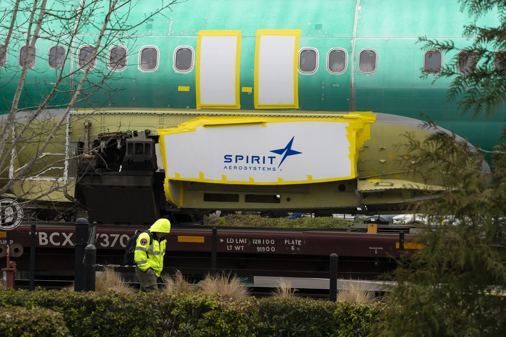 Spirit AeroSystems signage on a Boeing 737 fuselage outside the Boeing manufacturing facility in Renton, Washington.