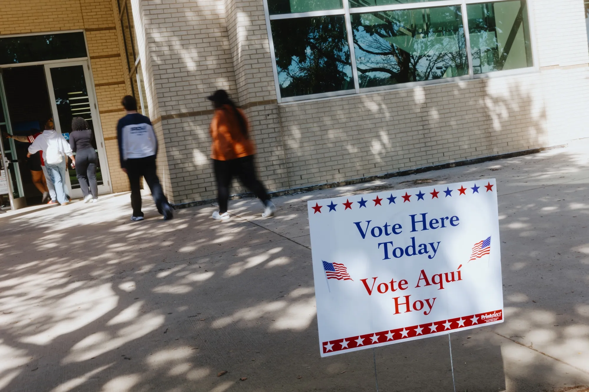 "Vote Here" signage outside a polling location in Denton, Texas.