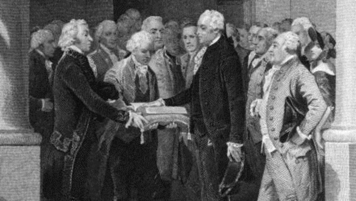 Tổng thống Mỹ George Washington đặt tay lên Kinh Thánh tuyên thệ nhậm chức Tổng thống.