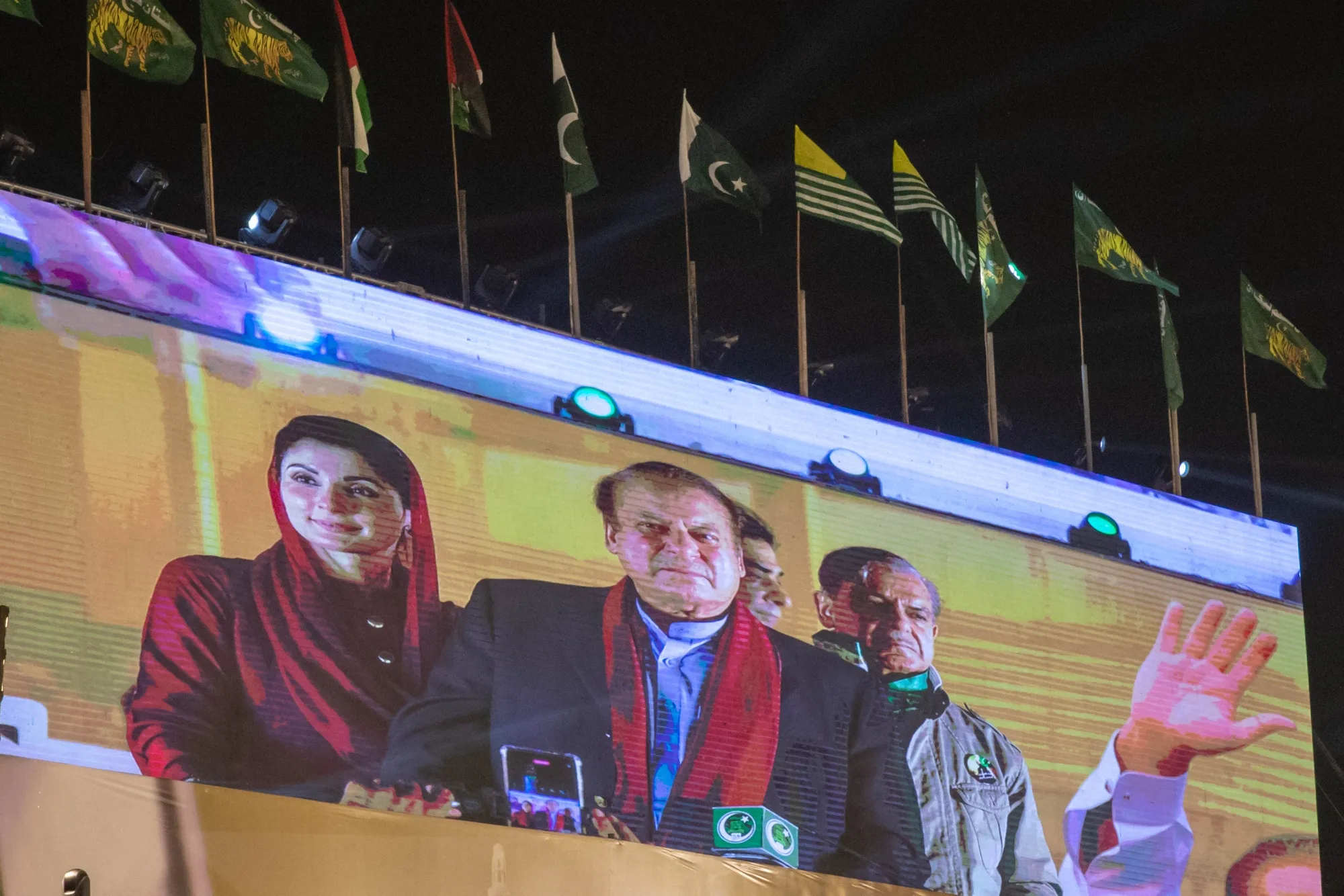Nawaz Sharif displayed on a monitor during a welcome rally in Lahore, Punjab, Pakistan, on Oct. 21.