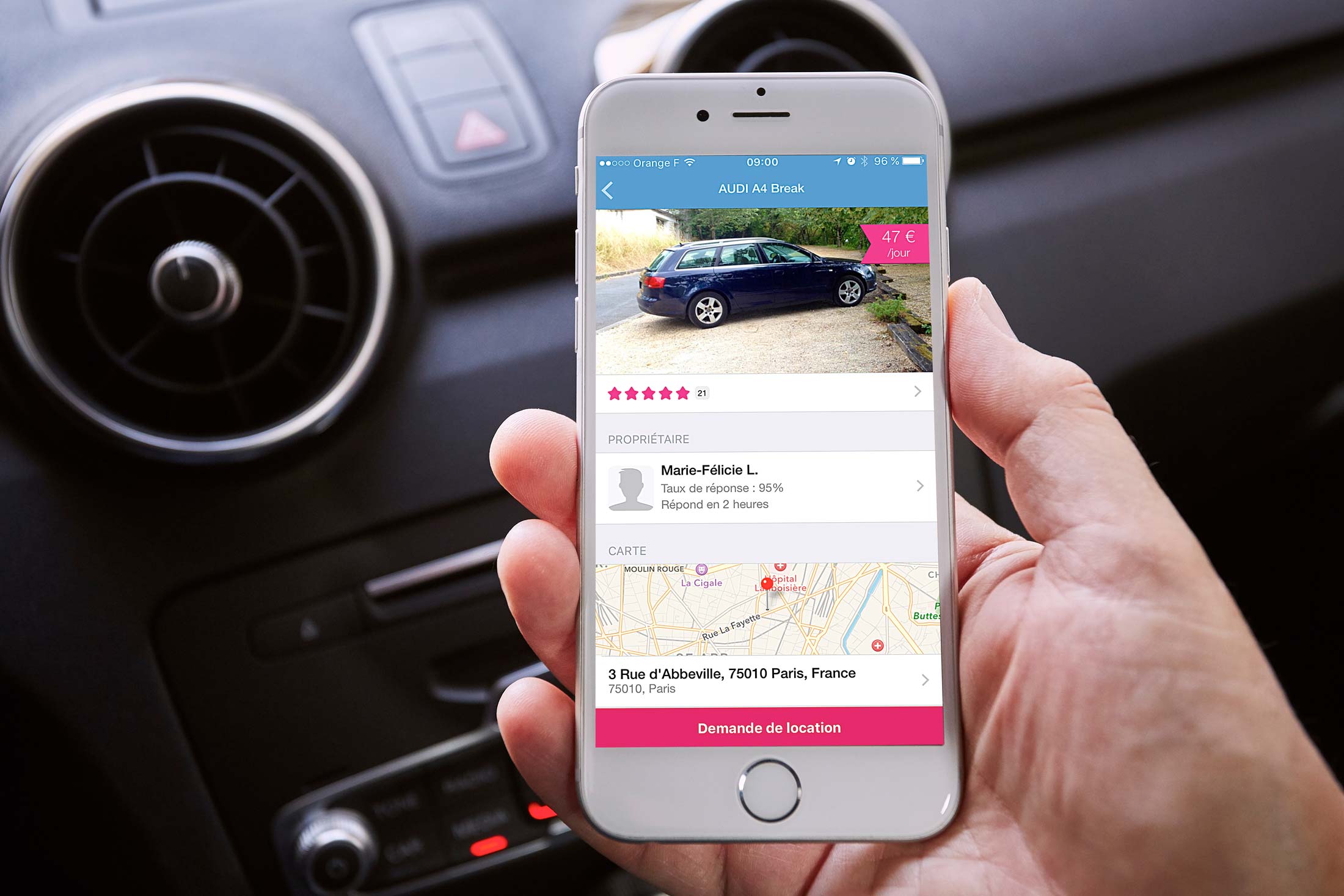 The peer-to-peer car rental app Drivy, in use in Paris, France.
