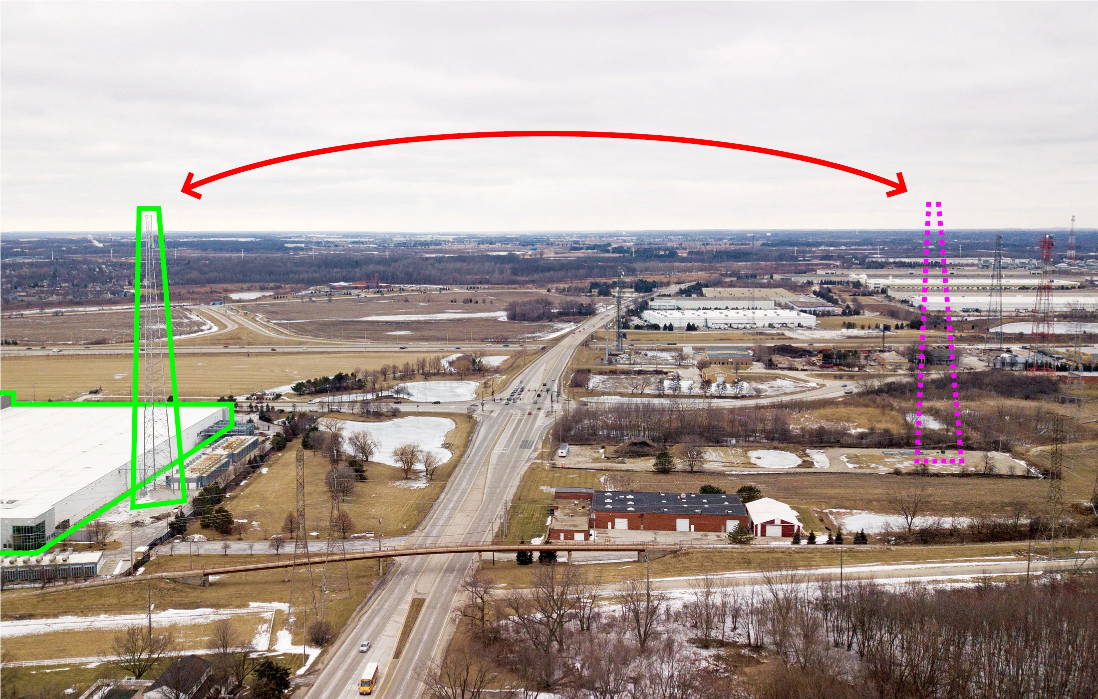 Overview of the battleground in Aurora, Ill., looking north. The large white building at the left is the CME data center. Beside it is the center’s&nbsp;still-unused tower, built to&nbsp;hold dish antennas capable of transmitting data via microwave to points east. The proposed site for a rival tower is&nbsp;across the road.