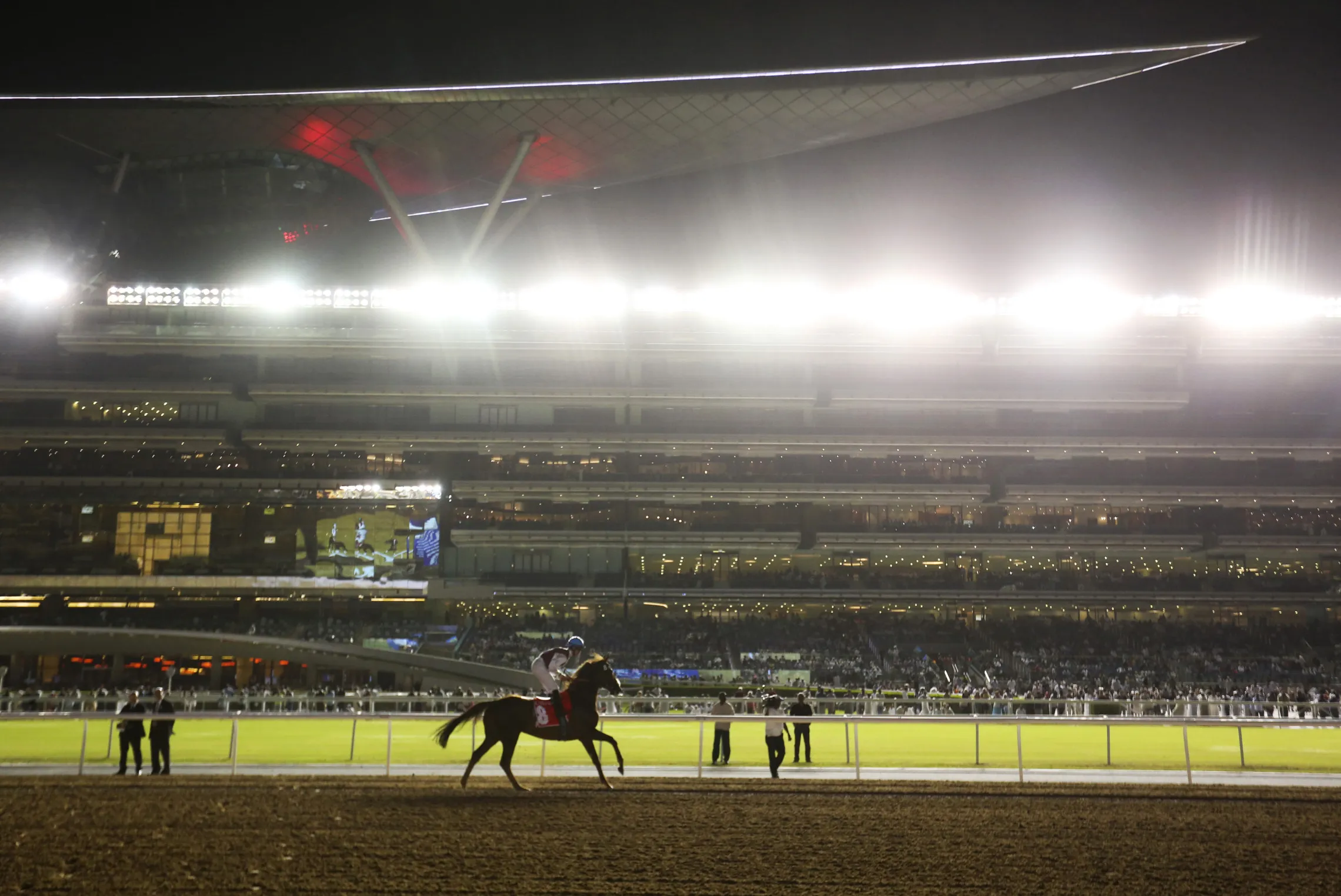A jockey warms up his horse at Meydan racetrack in Dubai.