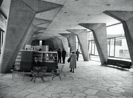 UNESCO Headquarters, Paris, France, 1952-8; lobby and promenade of Secretariat.