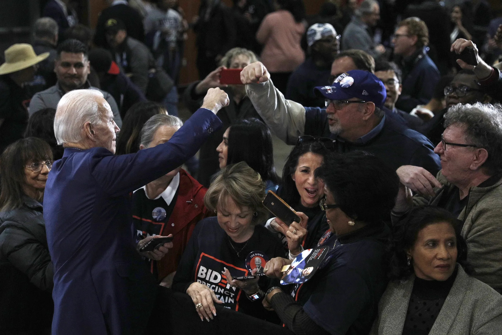 Joe Biden greets attendees during a caucus night rally in Las Vegas on Feb. 22, 2020.&nbsp;