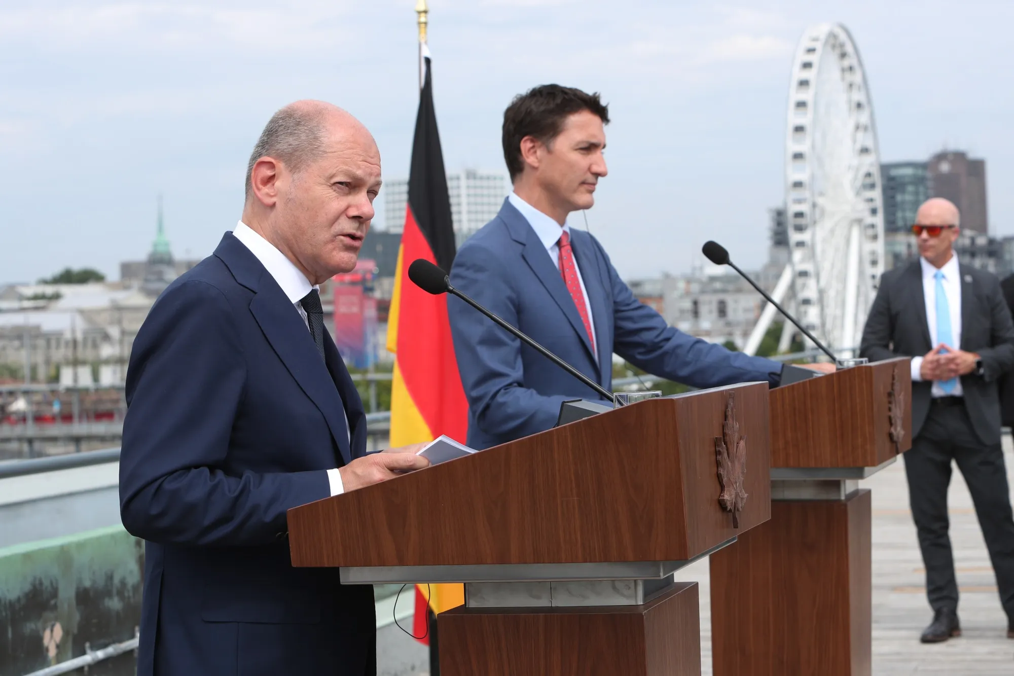 Olaf Scholz and Justin Trudeau hold a joint news conference in Montreal on Monday.