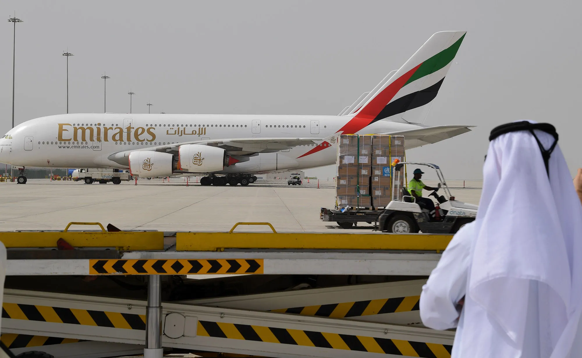 Medical equipment and coronavirus testing kits provided by&nbsp;the World Health Organisation is prepared to be delivered to Iran with a United Arab Emirates military transport plane from Dubai, March 2.