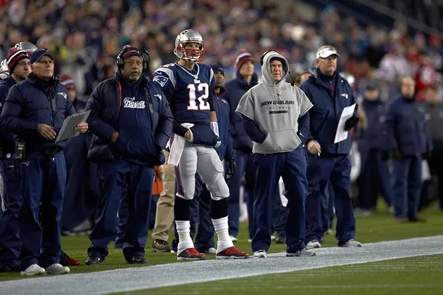 The New England Patriots on the sidelines during a game vs the Baltimore Ravens at Gillette Stadium in Foxborough, Mass. on Jan. 20