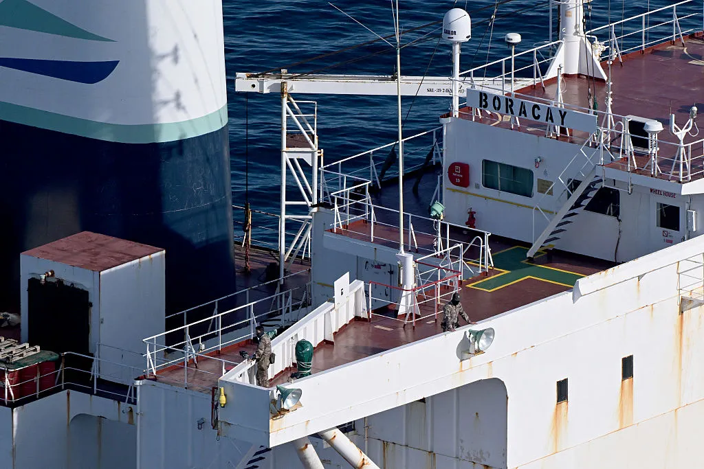 French soldiers onboard the tanker named Boracay,&nbsp;off the coast of the western France port of Saint-Nazaire.