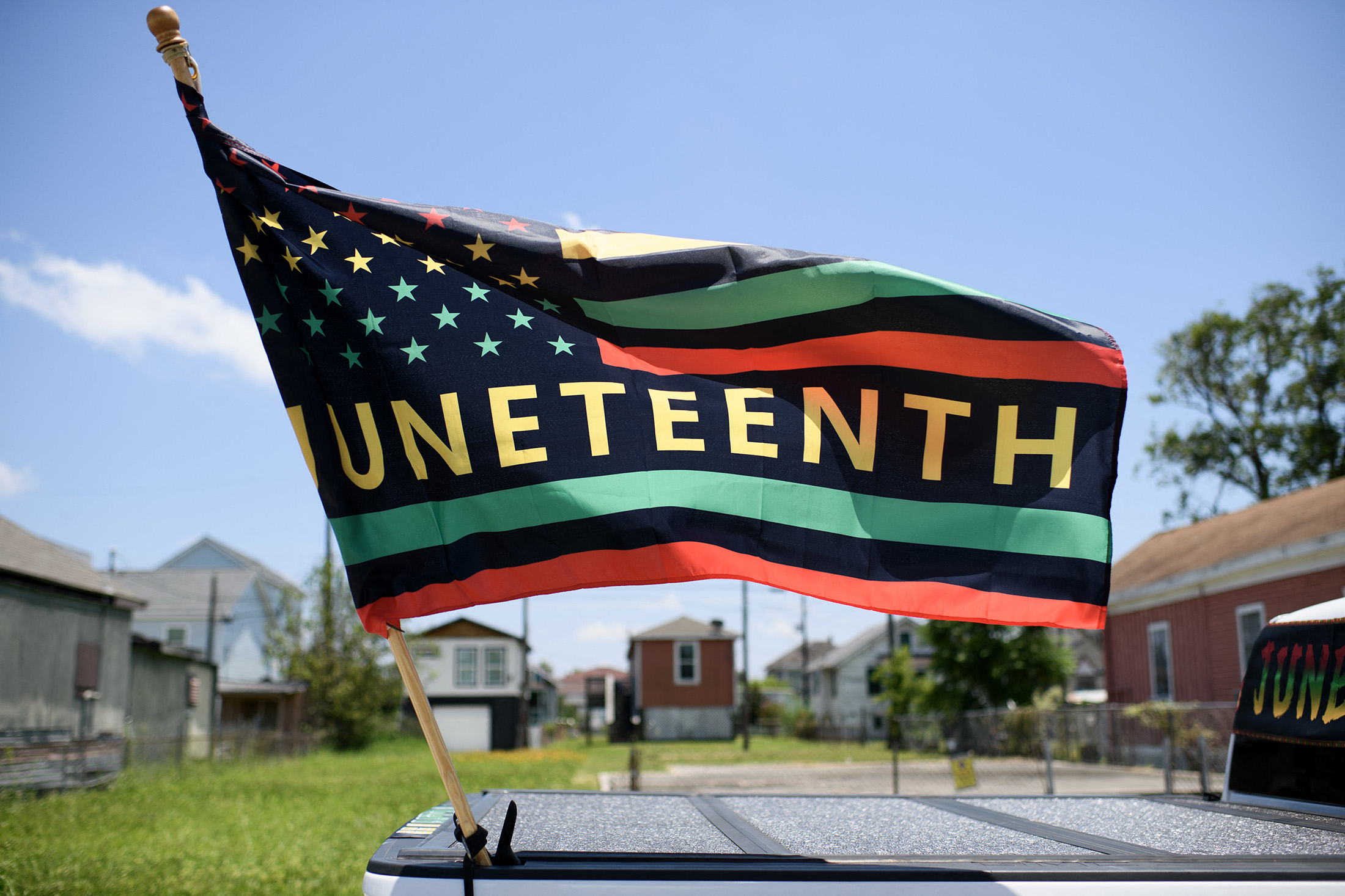 A Juneteenth flag on a float during the 45th annual Juneteenth National Independence Day celebrations in Galveston, Texas, on June 15, 2024.