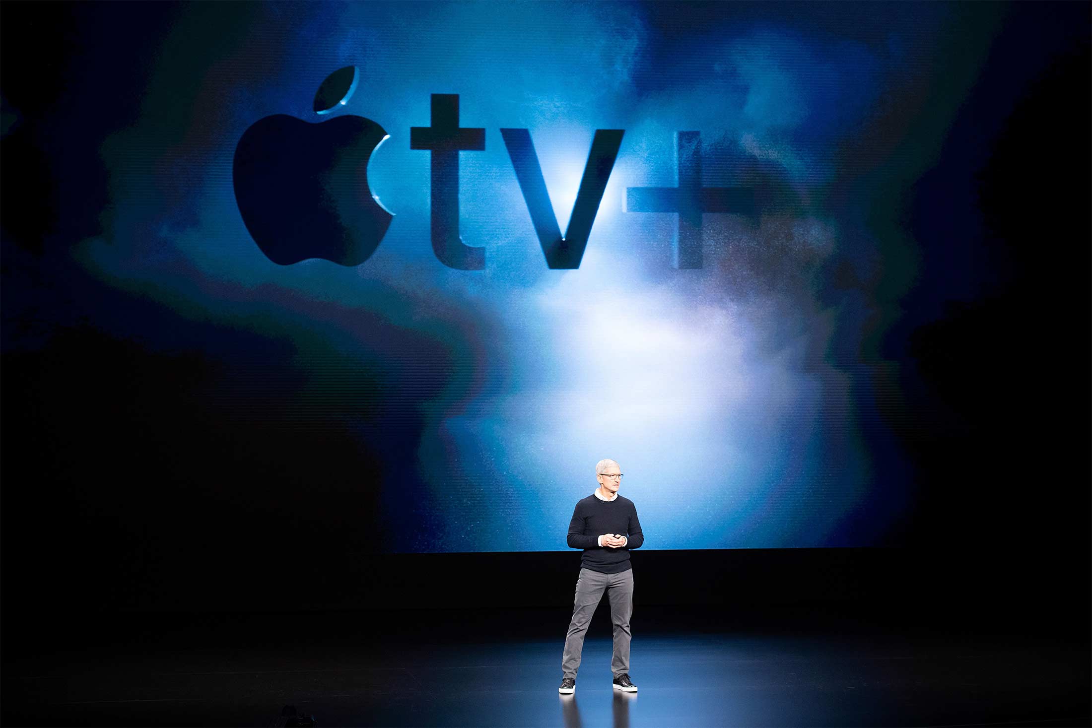 Tim Cook introduces Apple TV+ during a launch event at Apple headquarters on March 25.