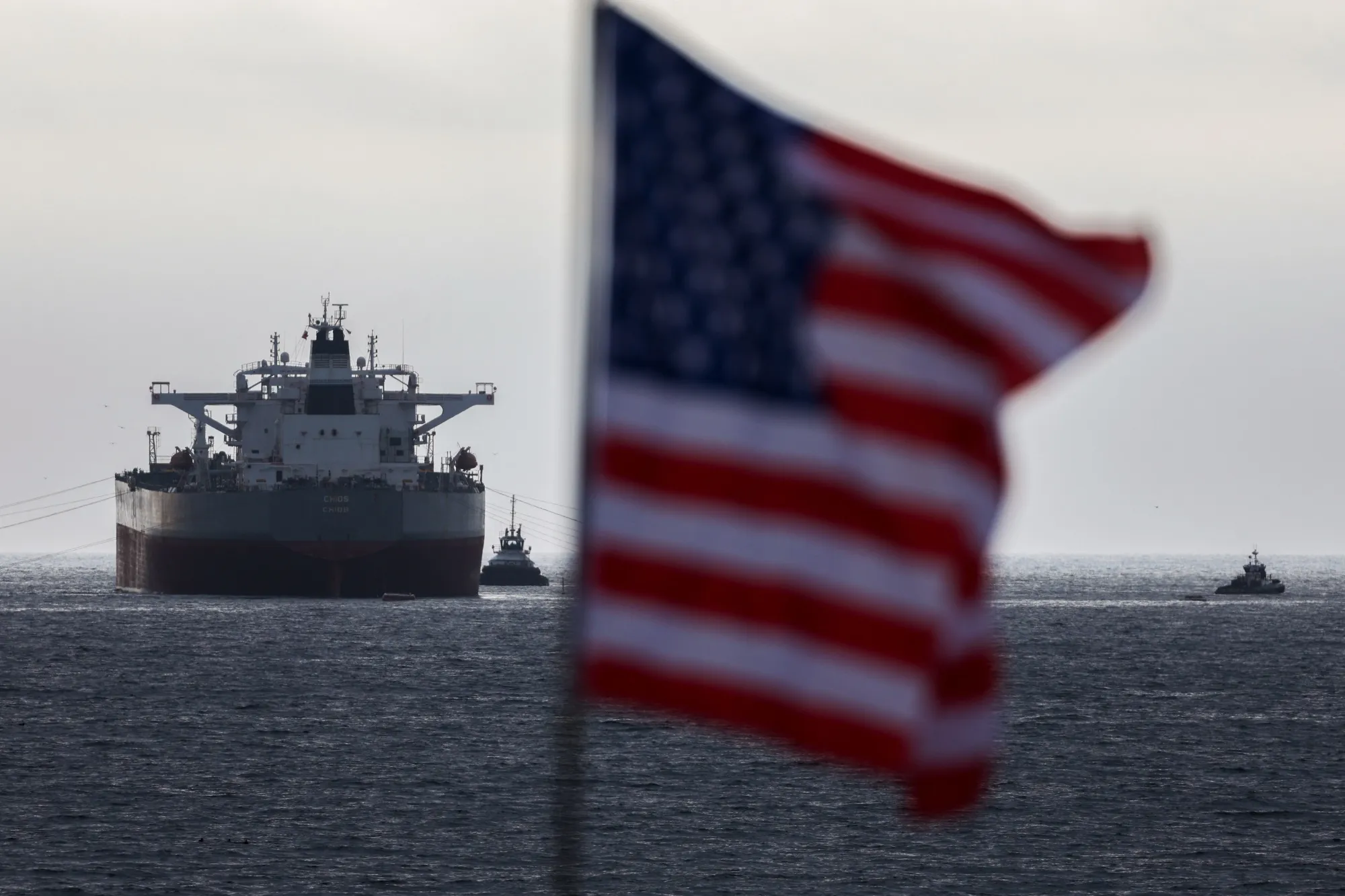 A US flag and crude oil tanker anchored by El Segundo, California.
