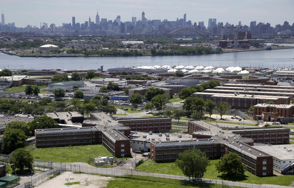 The Rikers Island jail complex with Manhattan in the background 