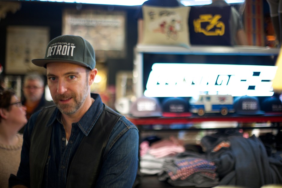 Christopher Gorski, a local designer and self-described &quot;car nut,&quot; sells his Detroit-themed apparel at the market and from a fleet of trucks.