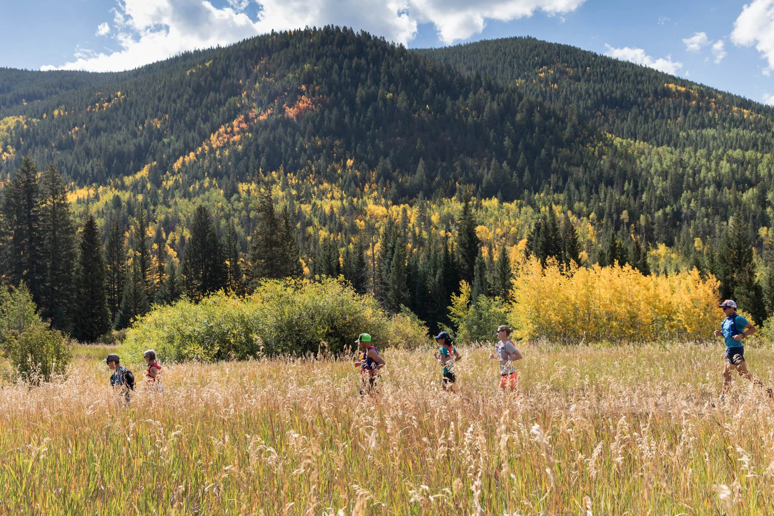 The author and fellow trekkers cross a valley during the six-day Hut Run Hut.