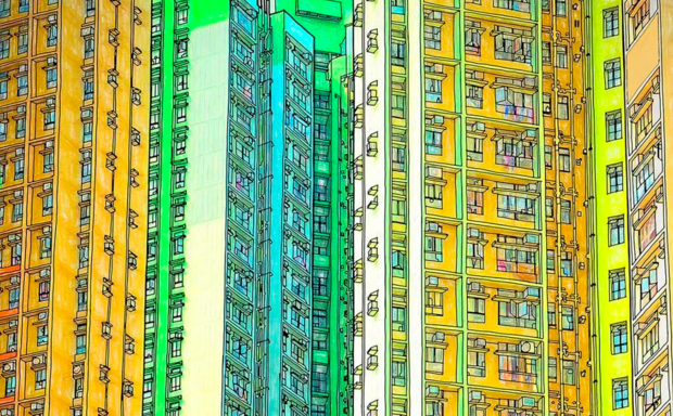 Steve McDonald's colored-in version of his residential Hong Kong apartment buildings line drawing. 