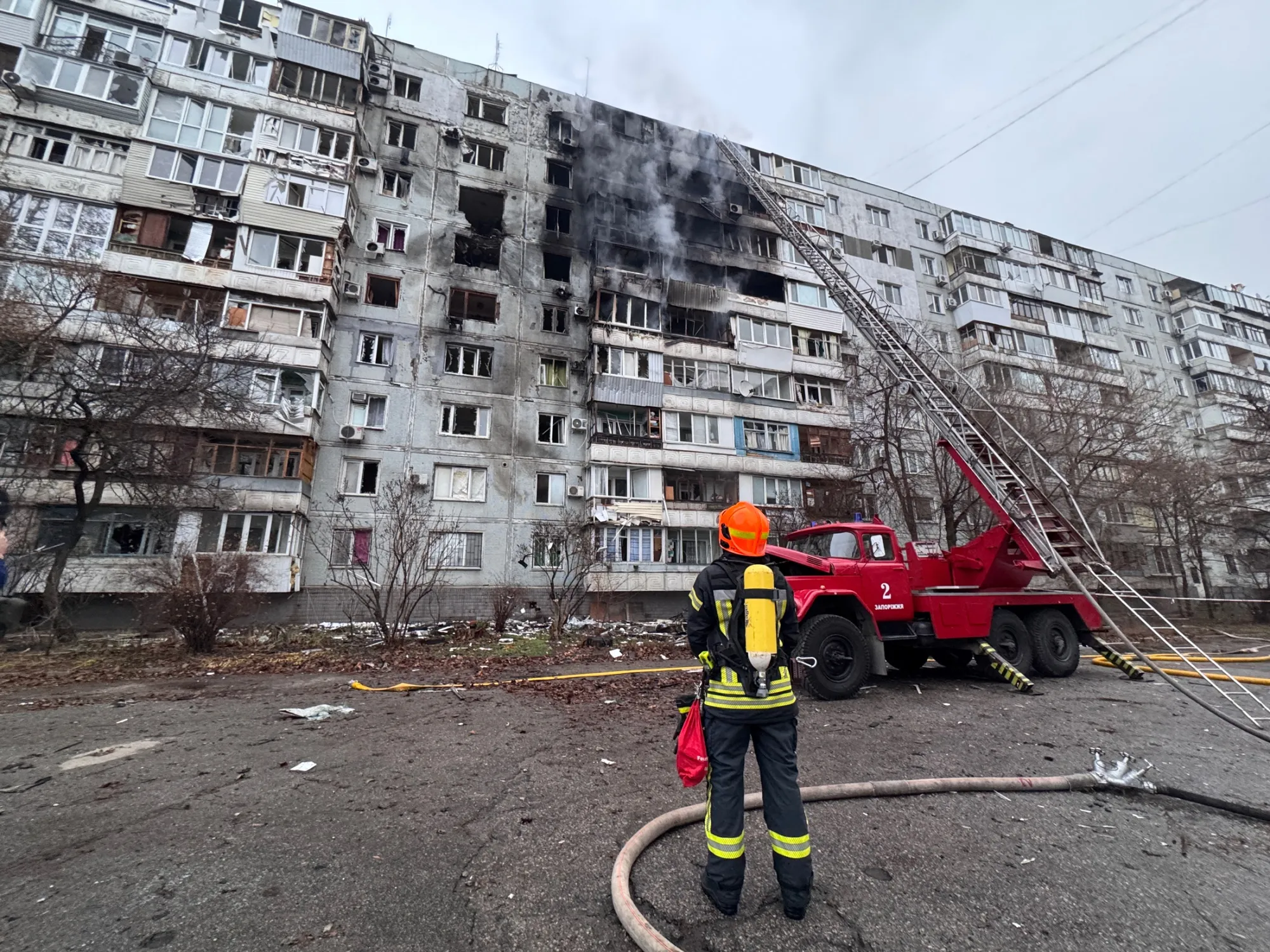 A firefighter at the site of a Russian attack in Zaporizhzhia, Ukraine, in December.