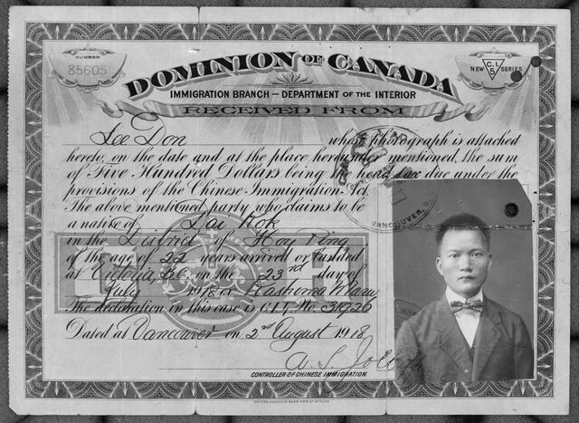 Certificate for Don Lee - Chinese Immigration Act - front. Date on the certificate is August 2, 1918