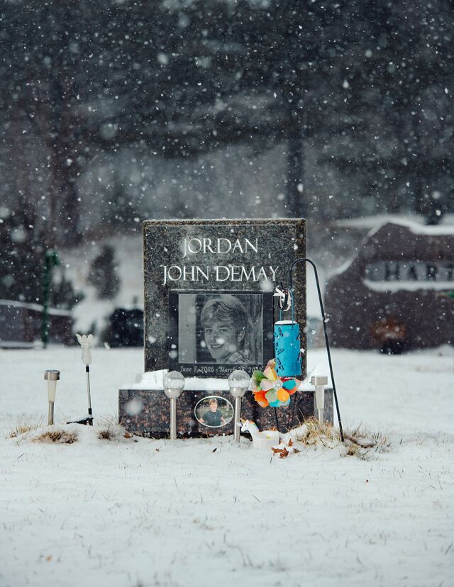 Jordan DeMay’s tombstone in Marquette, Michigan.