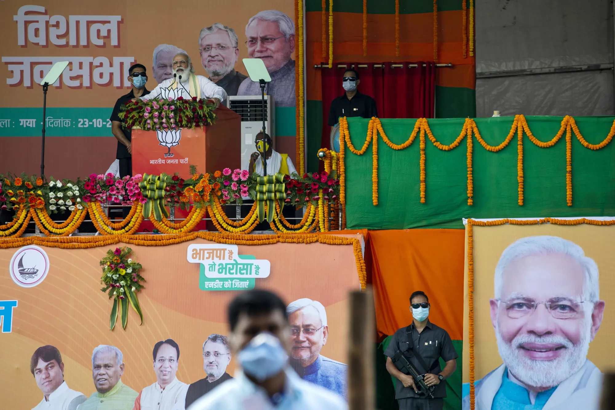 Narendra Modi&nbsp;at an election rally in Bihar on Oct. 23.&nbsp;The BJP has been facing tougher-than-expected battles in the state polls that have followed Modi’s sweeping victory to a second term in office in May 2019.&nbsp;