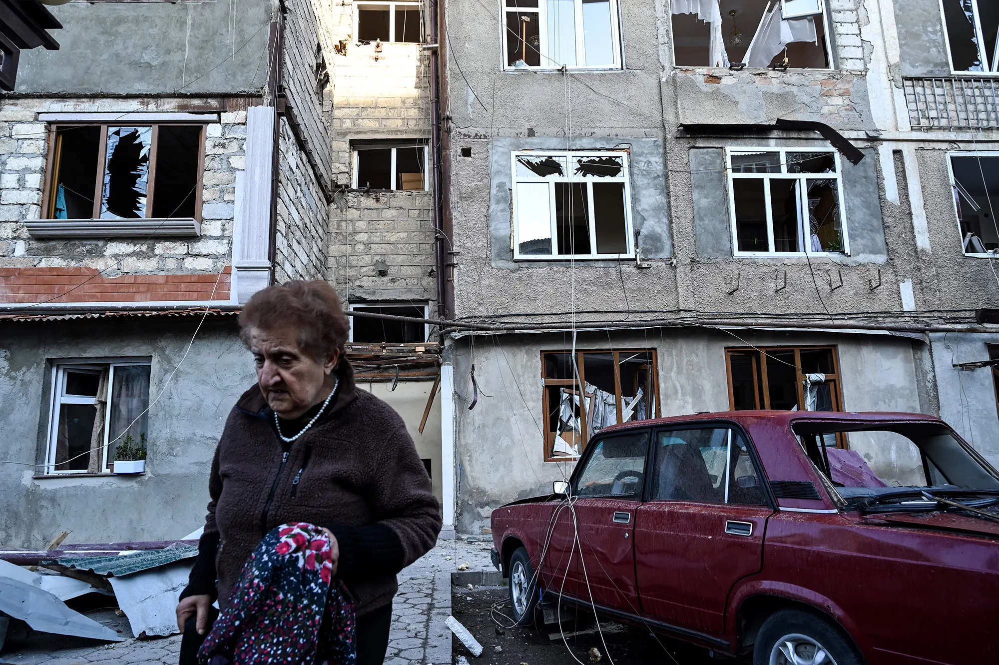 An apartment building&nbsp;supposedly damaged by recent shelling in Stepanakert on Oct.&nbsp;3.